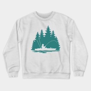 Kayak Fisherman Rural Forest Scene with Aqua Background Crewneck Sweatshirt